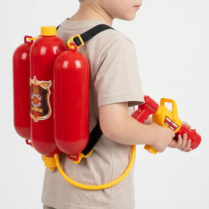 Engaging kids' firefighter backpack water blaster toy for backyard water games & active outdoor summer fun.