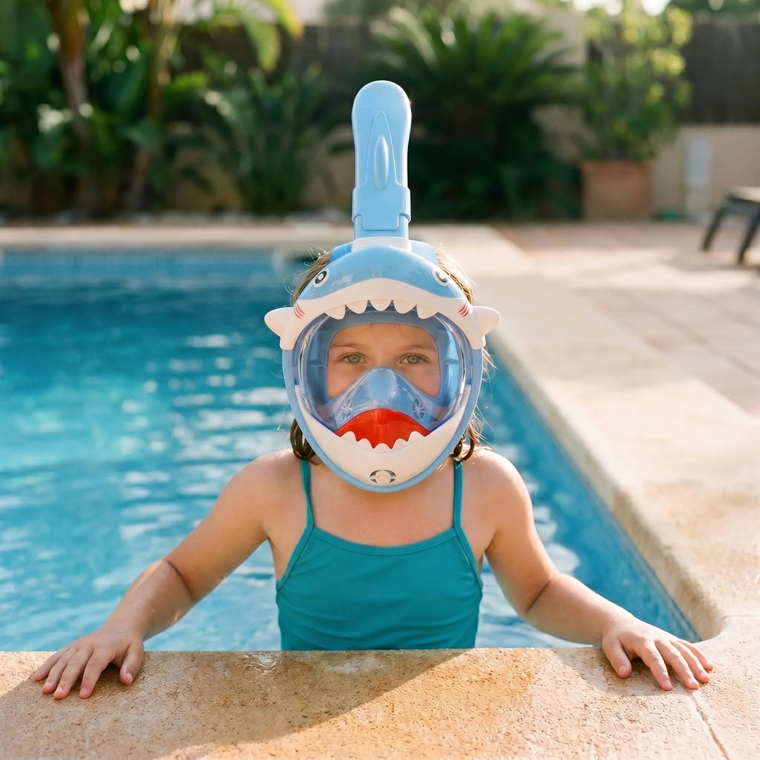 Kids' full face snorkel mask with shark design, perfect for children's diving & snorkeling fun in the ocean or pool.