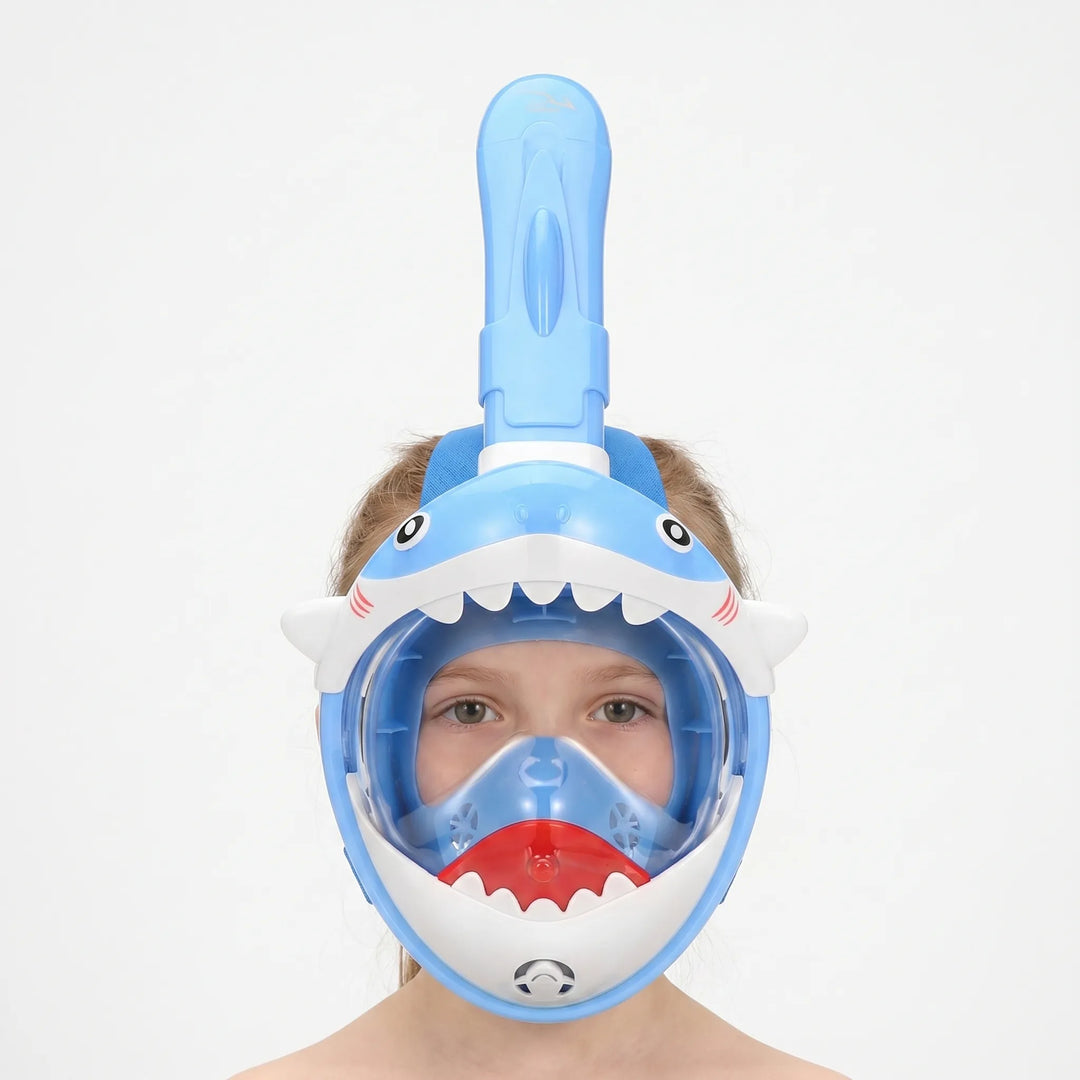 Child's full face snorkel mask for easy underwater breathing & wide views, ideal for kids' swimming & water sports.