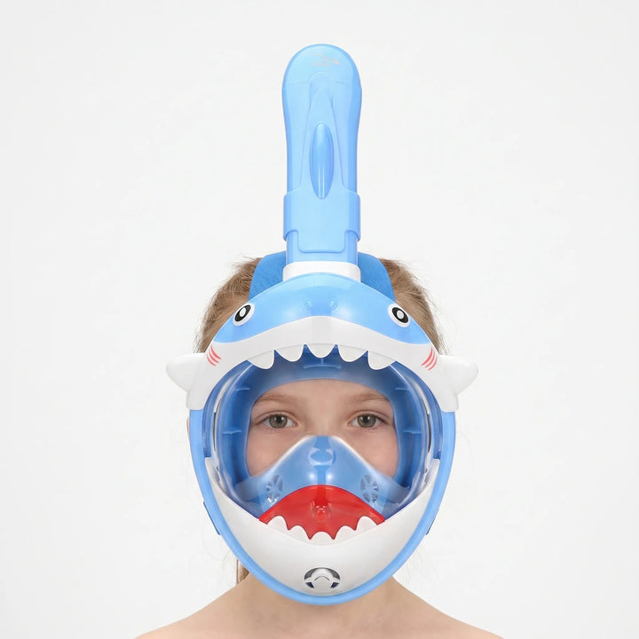 Child's full face snorkel mask for easy underwater breathing & wide views, ideal for kids' swimming & water sports.