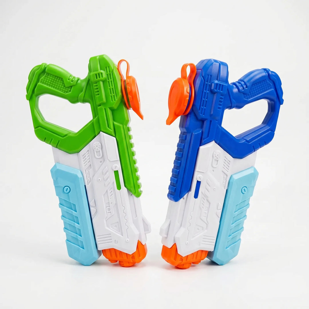 Excited kids enjoying summer with a high-capacity water gun, ideal for outdoor water play & games.