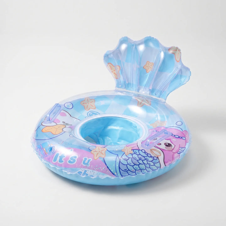 Toddler enjoying a large, durable inflatable mermaid pool float in the sun; great for kids' summer water activities.