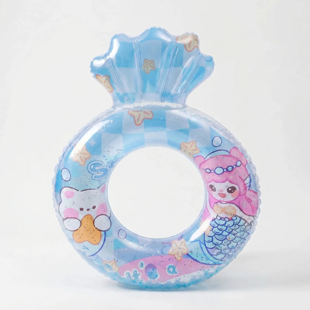 Children sharing a big inflatable mermaid pool float, ideal for group summer fun and outdoor water activities.