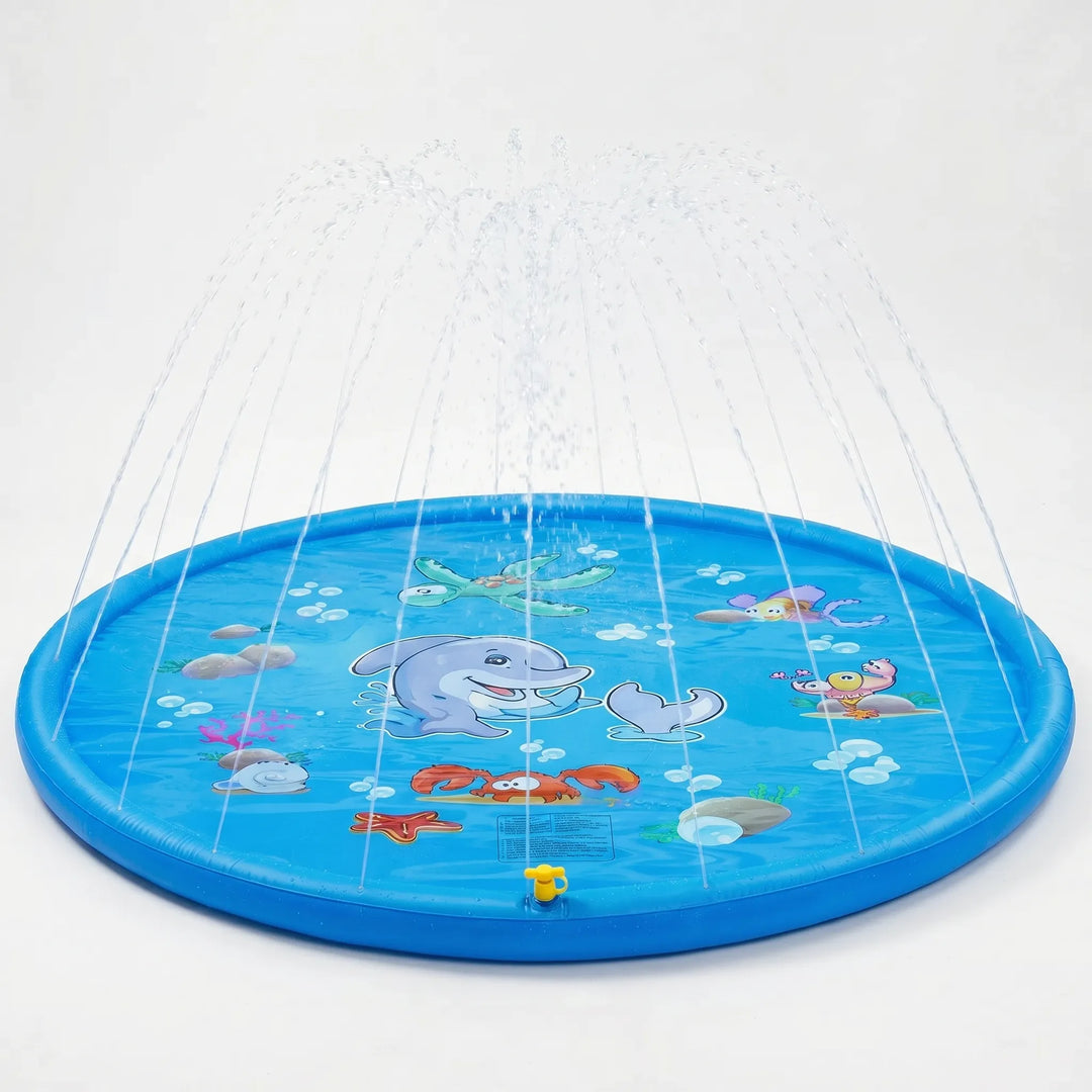Ocean theme inflatable splash pad for kids; backyard sprinkler mat for summer water fun.