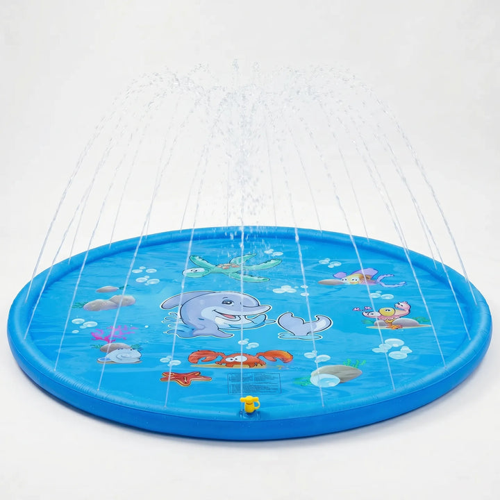 Ocean theme inflatable splash pad for kids; backyard sprinkler mat for summer water fun.