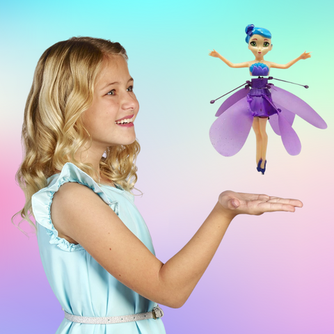 Rechargeable flying princess doll with colorful LED lights, hand-controlled for interactive indoor play.