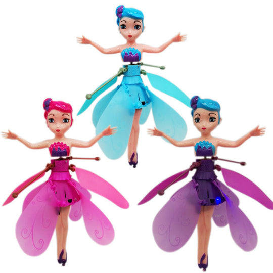Interactive flying princess toy with hand sensor control. Rechargeable LED flying doll, ideal kids' indoor gift.