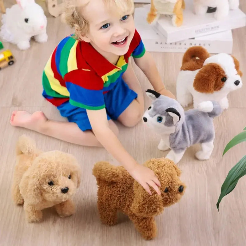 Kids' Interactive Plush Puppy Toy walking on a wooden floor, barks playfully, perfect toddler gift