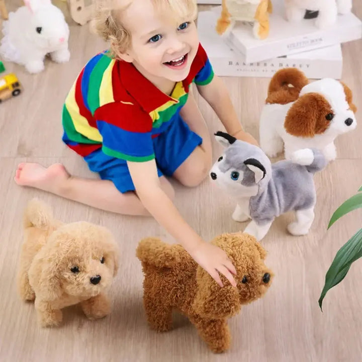 Kids' Interactive Plush Puppy Toy walking on a wooden floor, barks playfully, perfect toddler gift