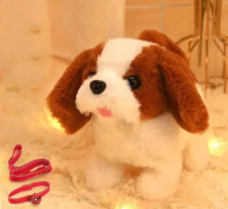 Plush puppy toy actively walking and barking on a playmat, stimulating curiosity for young children
