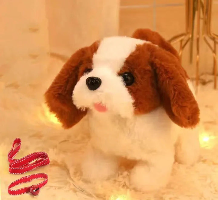 Plush puppy toy actively walking and barking on a playmat, stimulating curiosity for young children