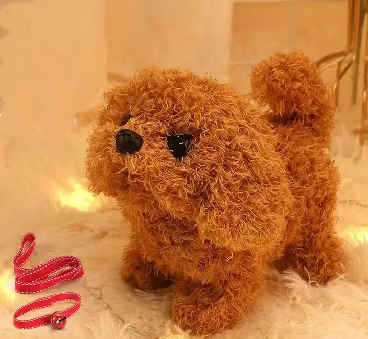 Gift-wrapped box next to an interactive walking plush puppy toy, ready for a kid's birthday party
