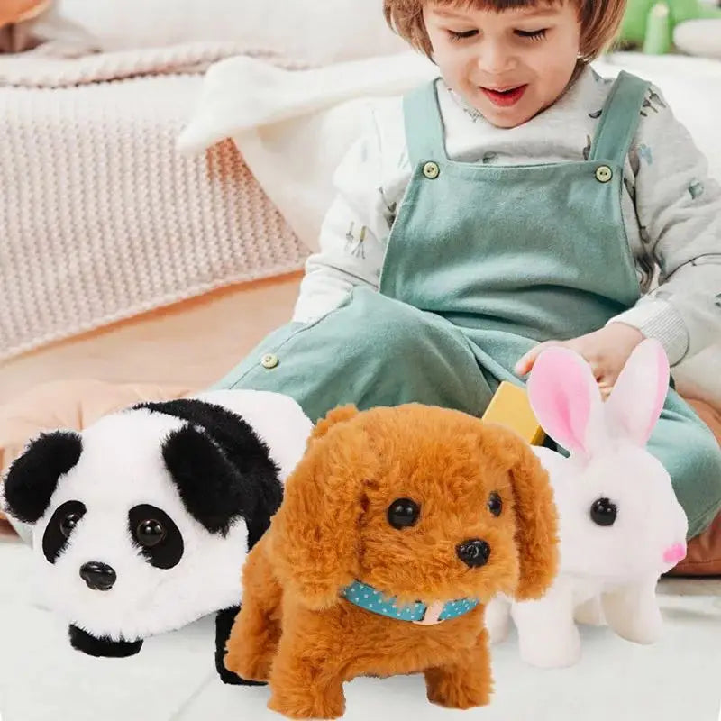 Walking plush puppy toy with bright blue collar, moving on carpet, an engaging interactive kids gift