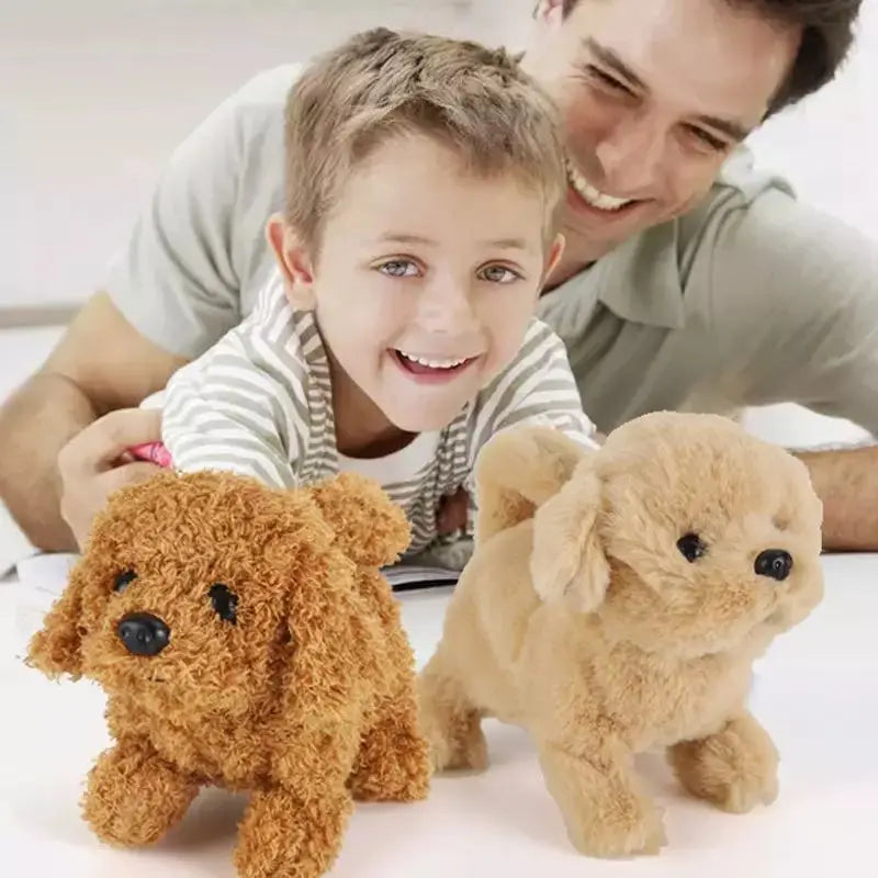 Toddler giggling while playing with a barking stuffed animal puppy, ideal for sensory development