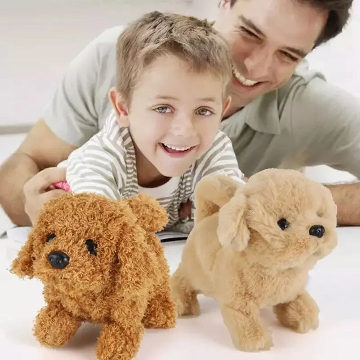 Toddler giggling while playing with a barking stuffed animal puppy, ideal for sensory development