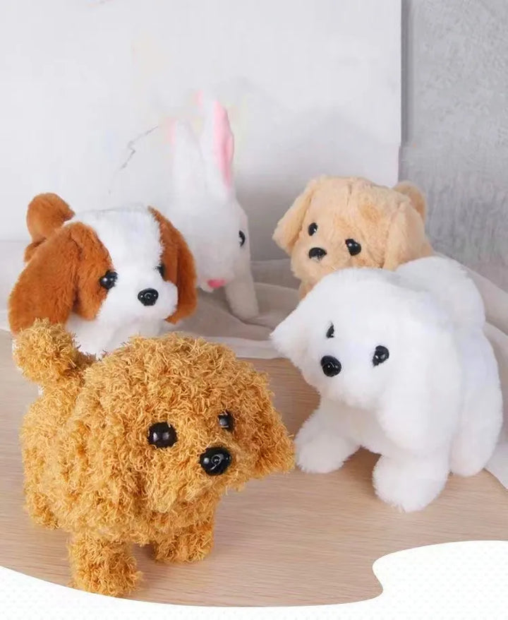 Interactive white plush puppy toy with brown spots, walking action, a cute electronic pet for kids