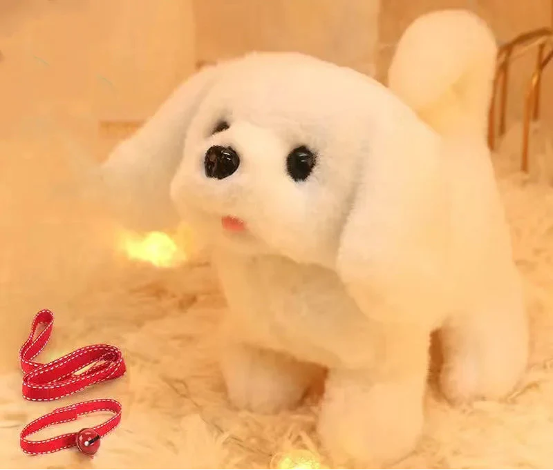 Group of various interactive walking puppy plush toys displayed for sale, great birthday gift idea