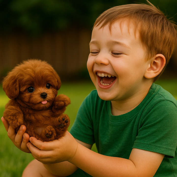 Close-up of a realistic puppy robot toy's face, featuring expressive eyes, an interactive kids' robotic pet.