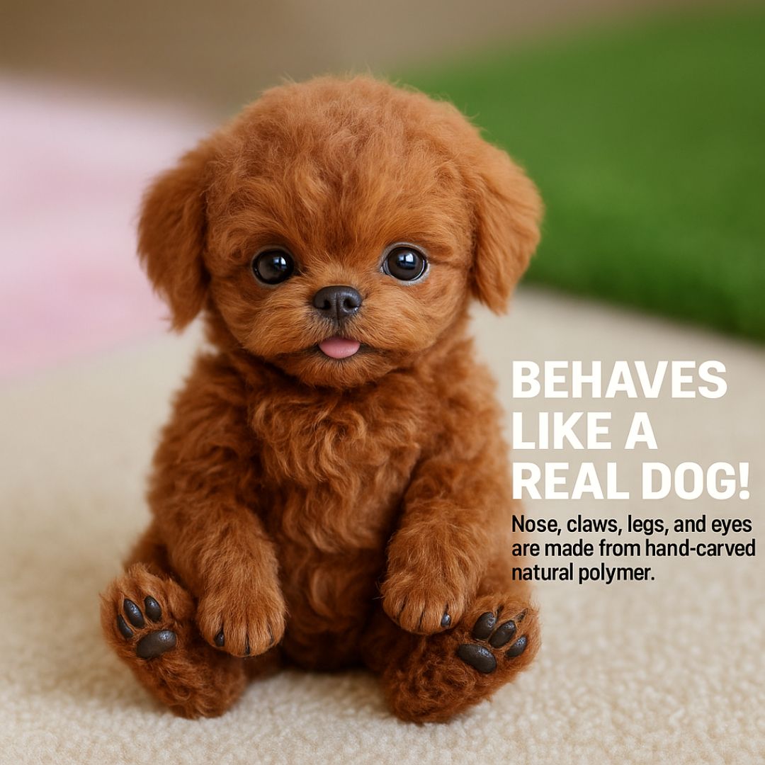 Side view of a realistic brown puppy robot toy, designed as an interactive and walking robotic pet for children.