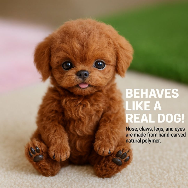 Side view of a realistic brown puppy robot toy, designed as an interactive and walking robotic pet for children.