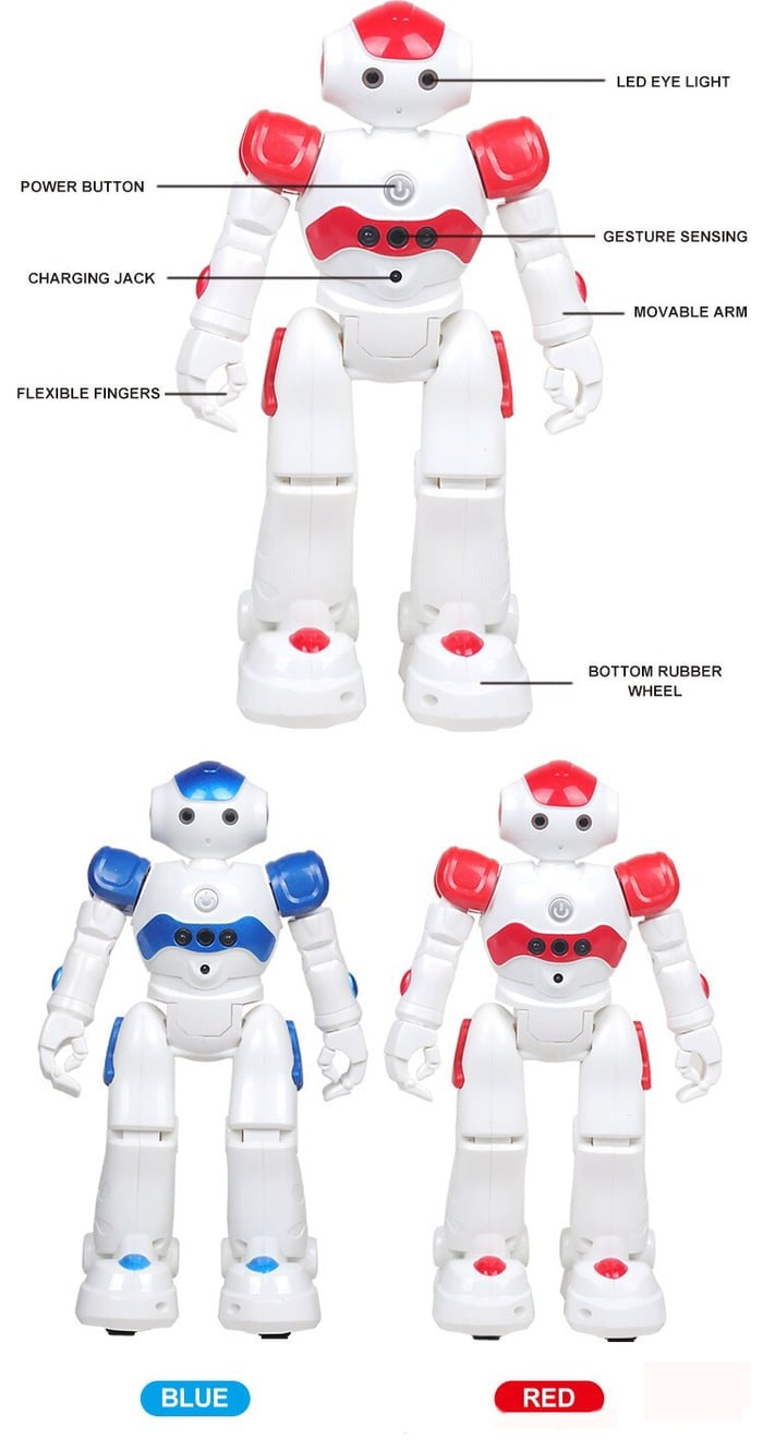 Rechargeable interactive robot toy, engaging children with educational activities.