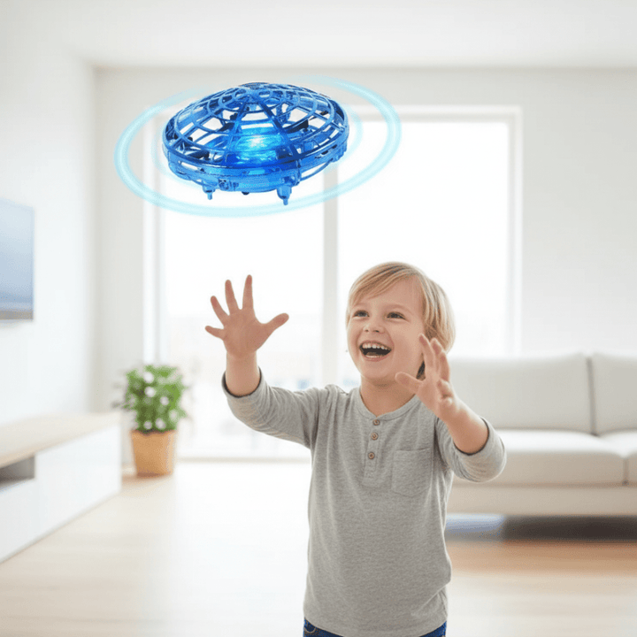 Kids' interactive UFO drone toy with bright LED lights, perfect for indoor & outdoor hand-controlled flying fun.