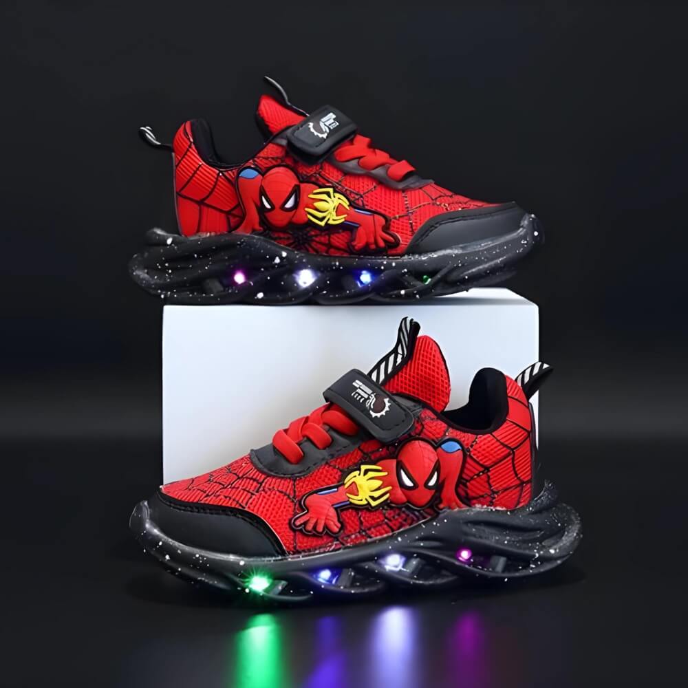 Blue LED light-up youth sneakers, comfortable children's footwear for active play & playground fun.