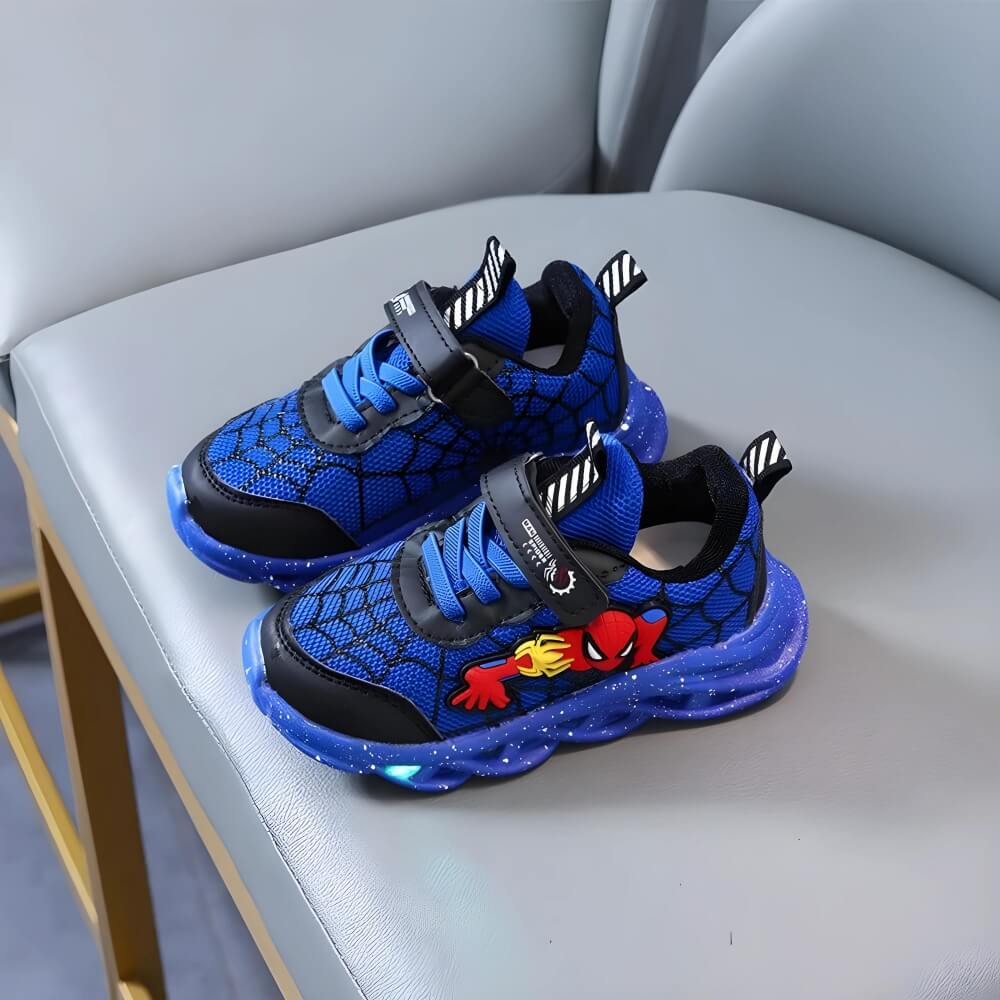 Black LED light-up kids' sneakers, fun and vibrant active footwear for boys & girls, easy velcro closure.