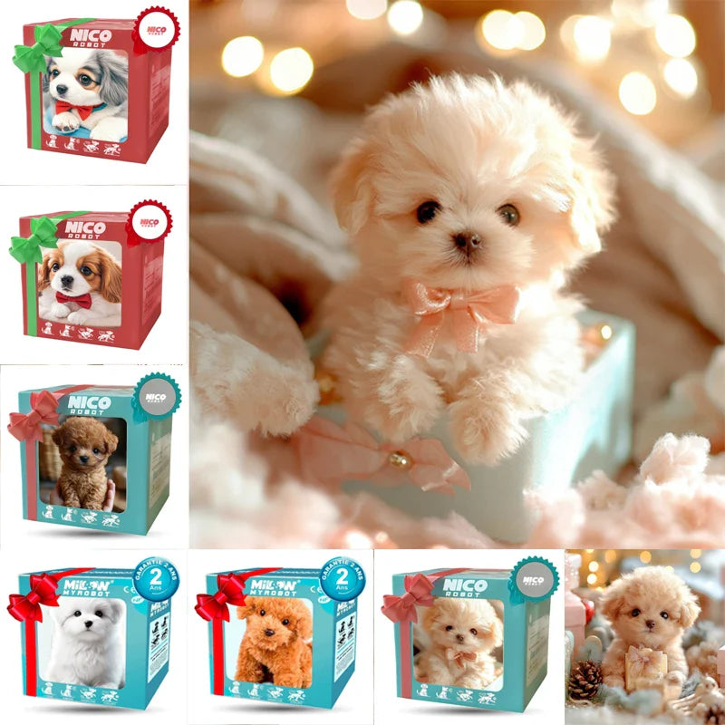 Robotic toy dog with kids, showing its walking action and lifelike features, great for gifts.