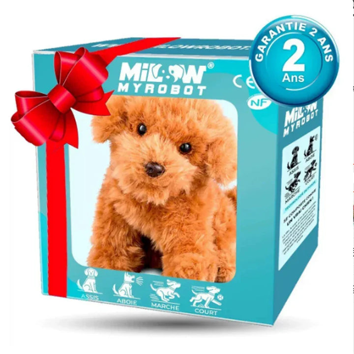 Child playing with a walking electric dog toy, an interactive robotic puppy, ideal kids gift.
