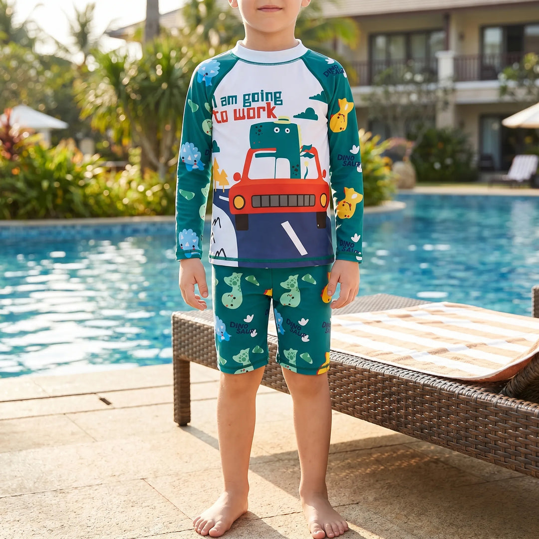 Kids' long-sleeve two-piece swimsuit for sun protection during beach or pool play.