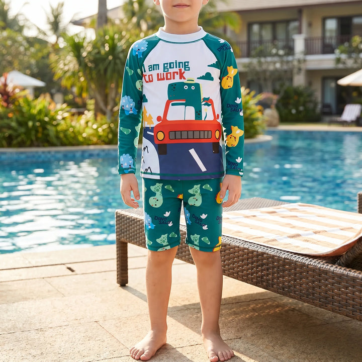 Kids' long-sleeve two-piece swimsuit for sun protection during beach or pool play.