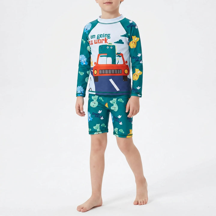 Children's playful long-sleeve rash guard and swim shorts set, perfect for summer fun.