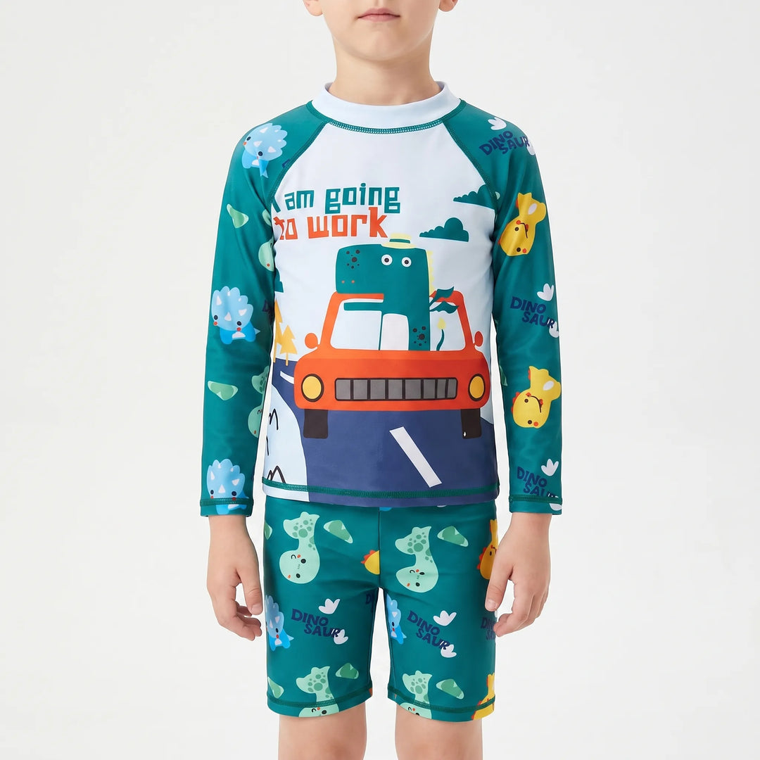 Kids' comfy long-sleeve swimsuit & shorts combo, designed for sun safety during active play.