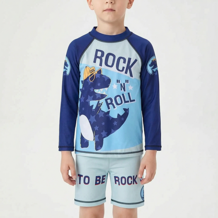 Long-sleeve two-piece kids' beachwear set, providing full sun protection for summer adventures.