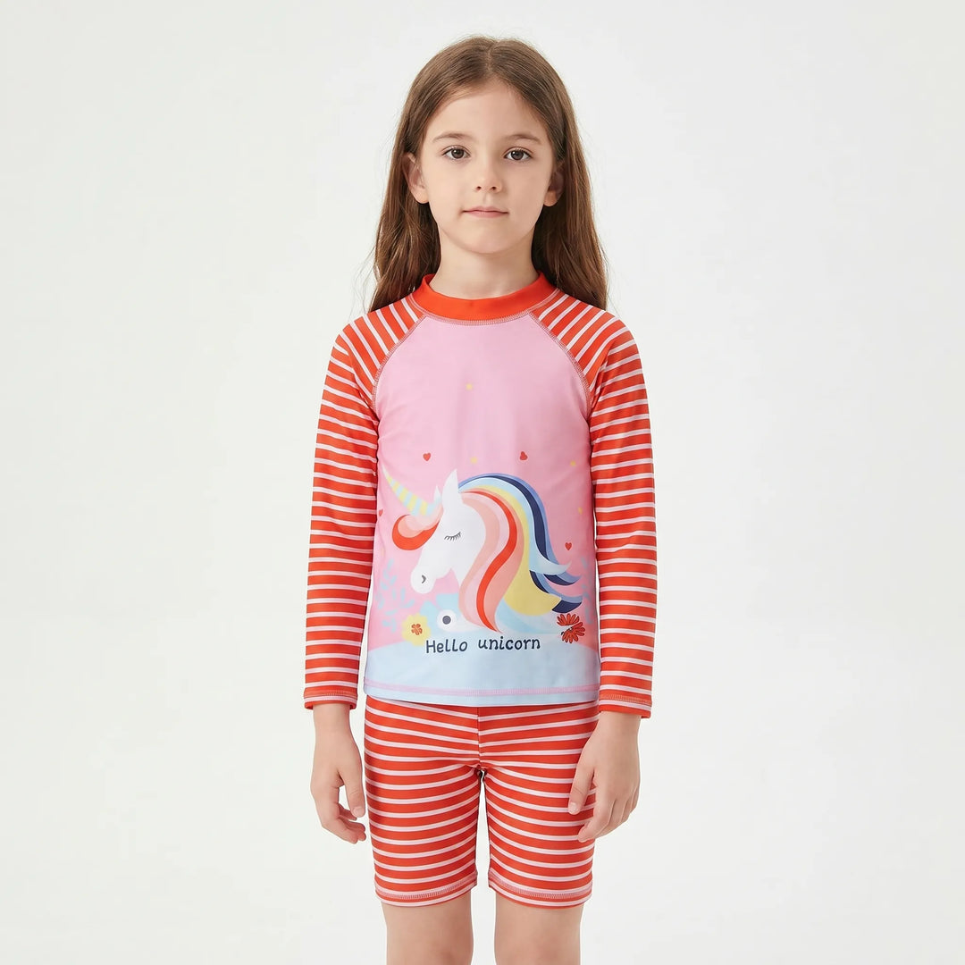 Children's playful print long-sleeve rash guard swim set for ultimate sun protection at the pool.