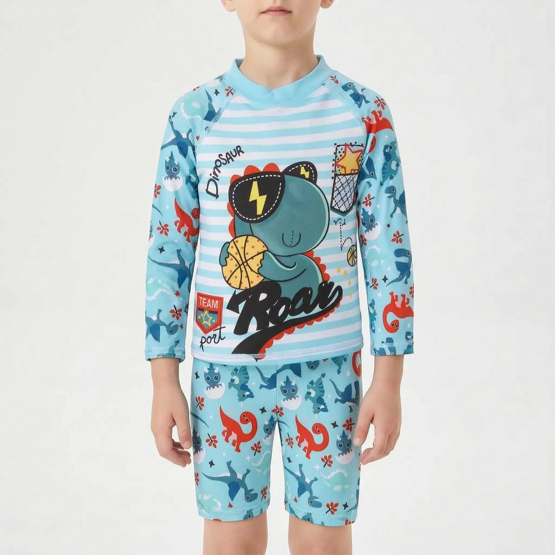 Active kids' long-sleeve rash guard and matching swim shorts for protected fun in the sun.