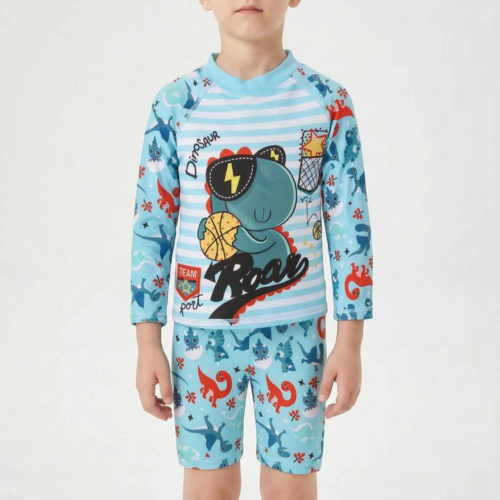 Active kids' long-sleeve rash guard and matching swim shorts for protected fun in the sun.