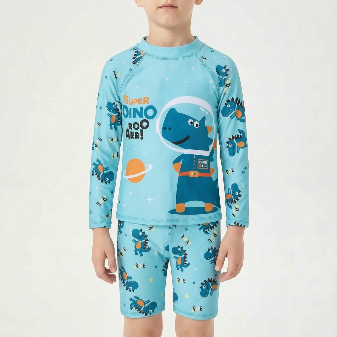 Kids' two-piece long-sleeve swimsuit with UPF 50+ sun protection, ideal for summer beach play.