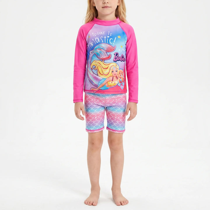 Brightly colored kids' long-sleeve rash guard and swim shorts set, perfect for beach and pool fun.