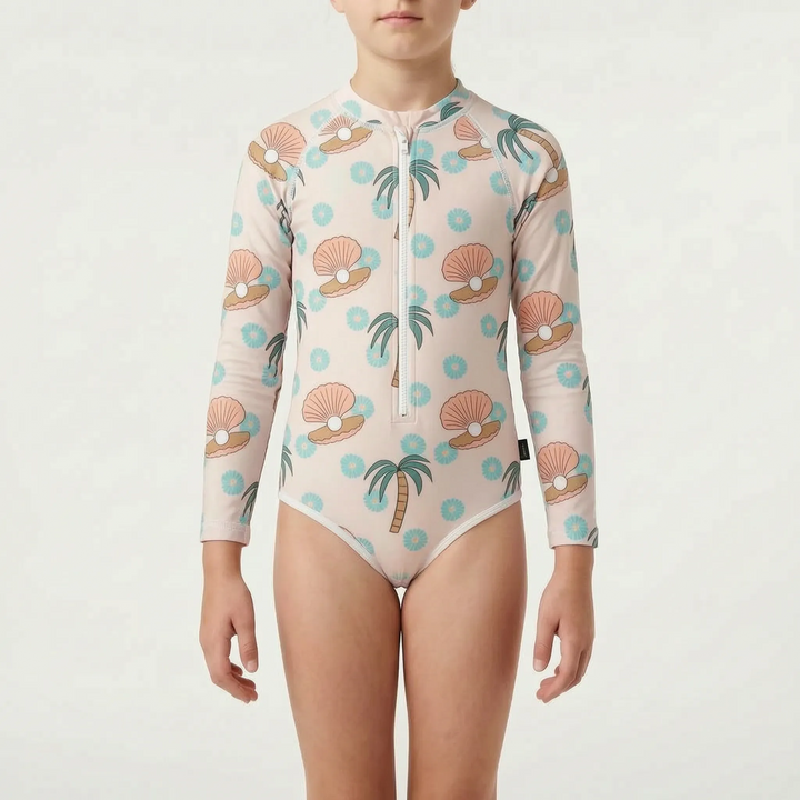 Youth long-sleeve swimwear, sun protective & active. High-neck one-piece suit for ultimate comfort.