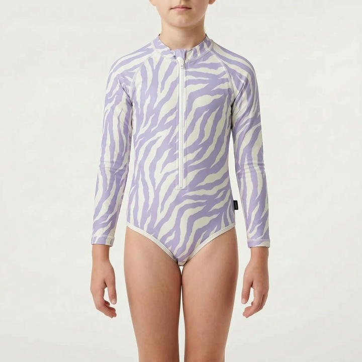 Easy-change kids' long-sleeve swimsuit. Sun protective beachwear, quick-dry fabric for active children.