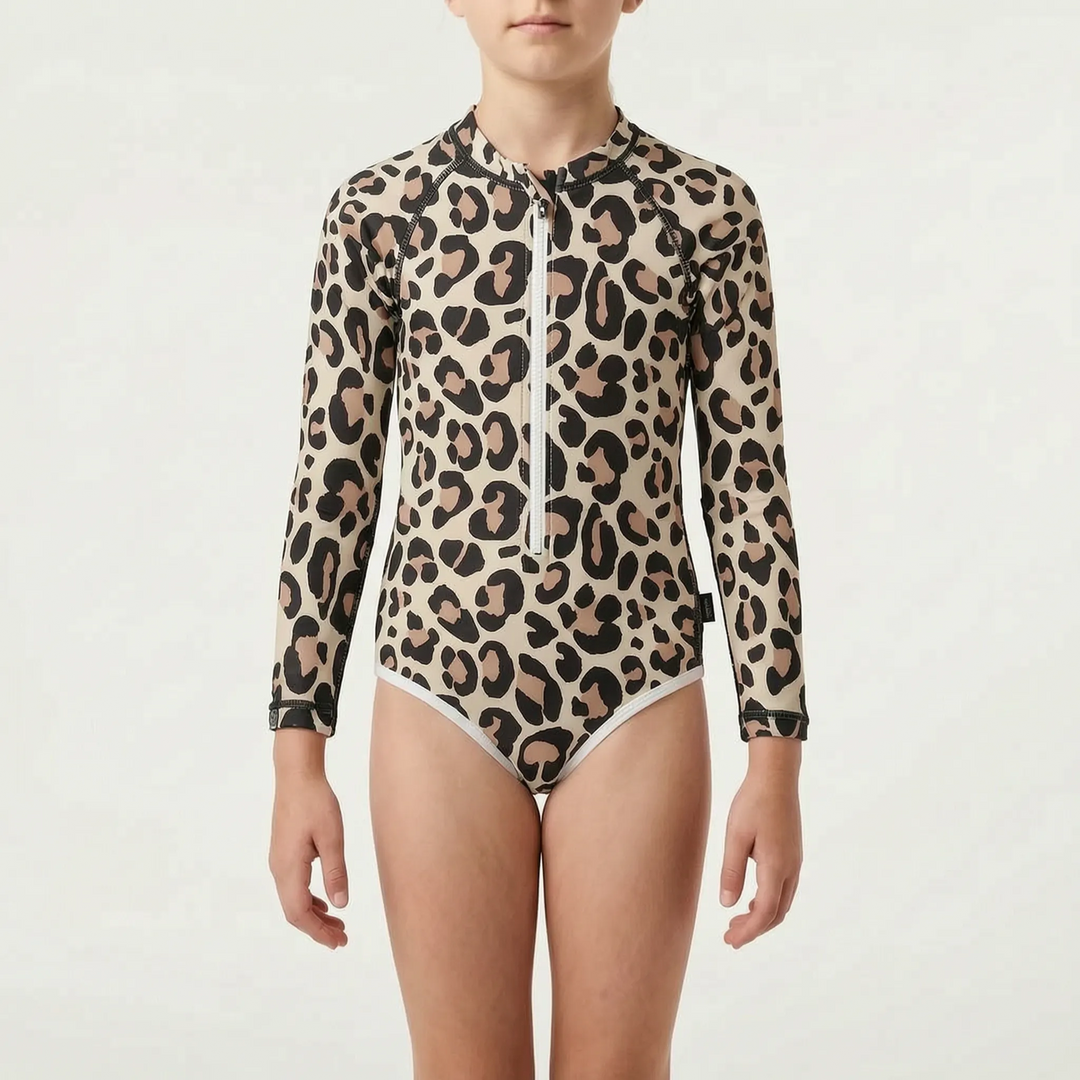 Vibrant long-sleeve kids' swimsuit, sun protective. Perfect one-piece swimwear for toddlers and youth.