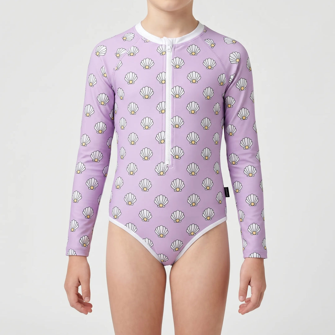 Toddler long-sleeve one-piece swimsuit, high-neck design for ultimate sun protection at the beach.