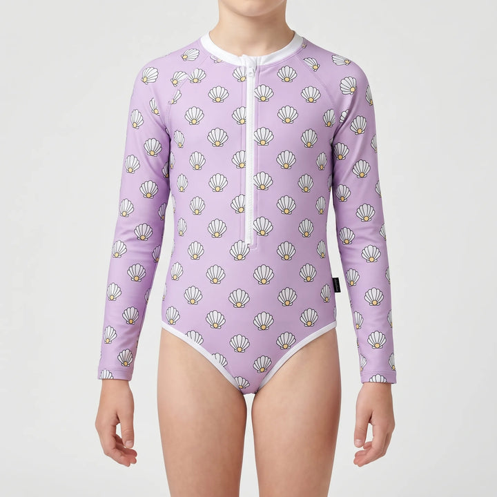 Toddler long-sleeve one-piece swimsuit, high-neck design for ultimate sun protection at the beach.