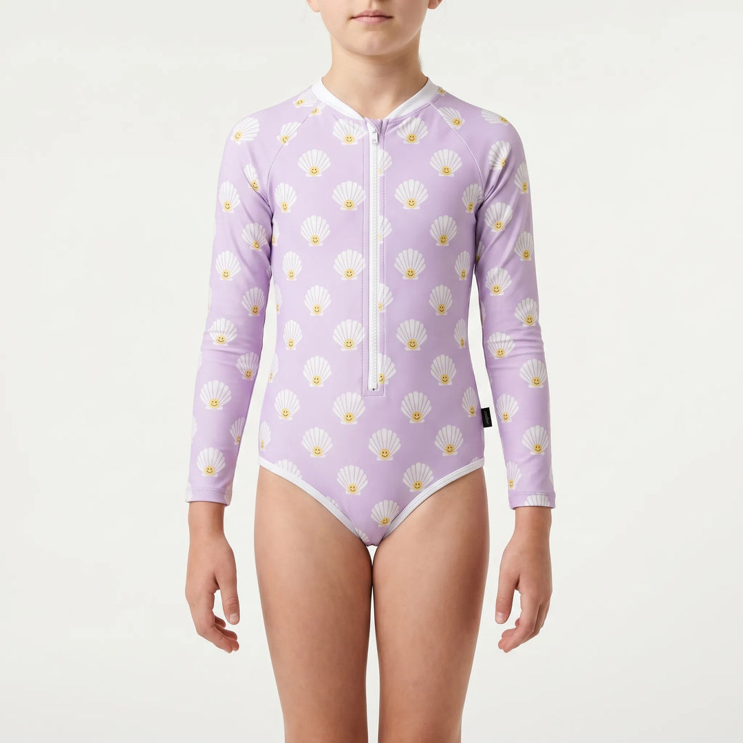Children's sun protective long-sleeve swimsuit. Easy-change design for comfortable pool & beach wear.