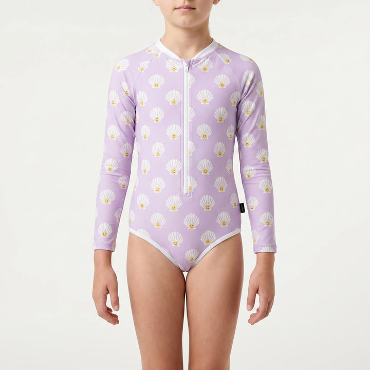 Children's sun protective long-sleeve swimsuit. Easy-change design for comfortable pool & beach wear.