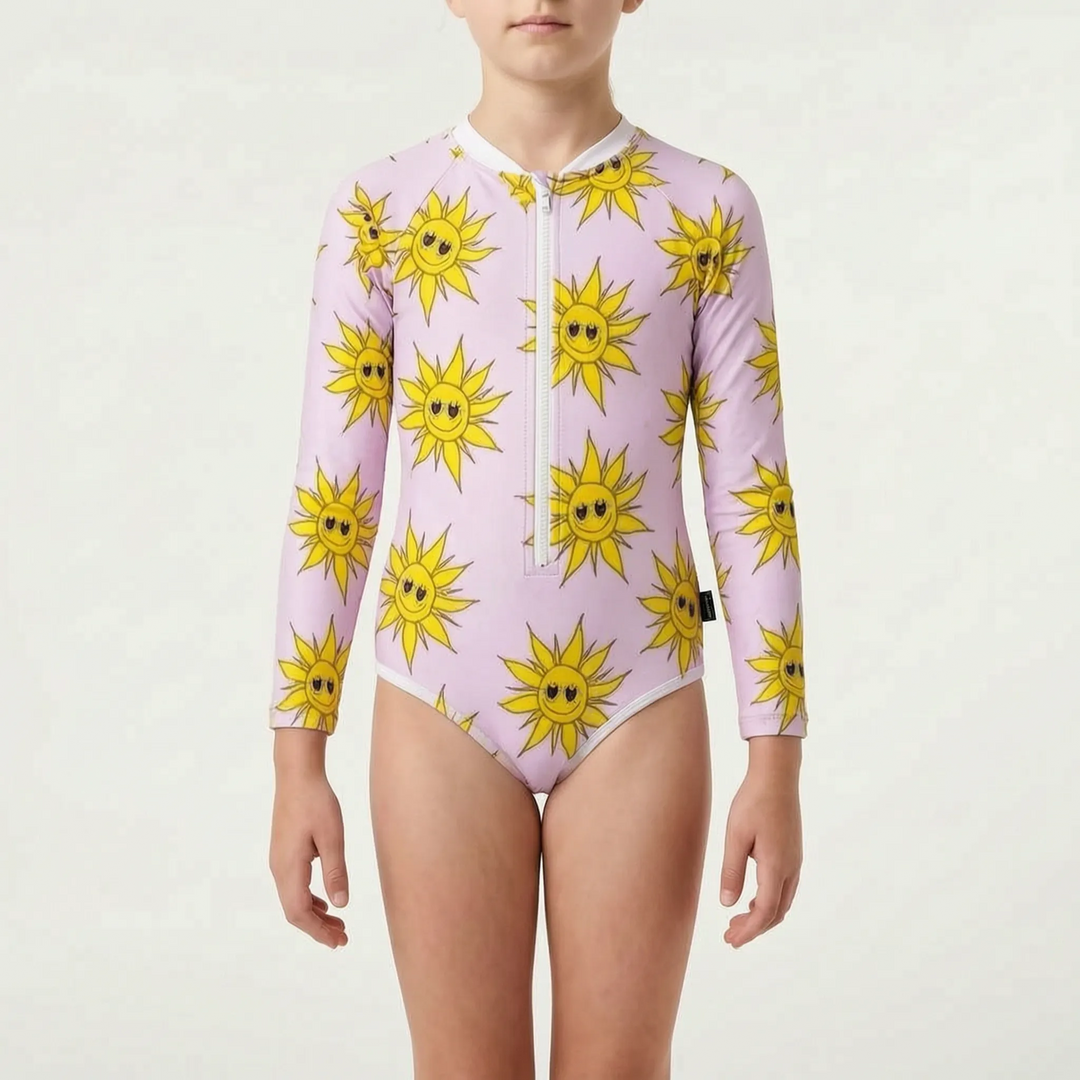 Sun protective kids' long-sleeve swimsuit. UPF 50+ one-piece swimwear for active toddlers.