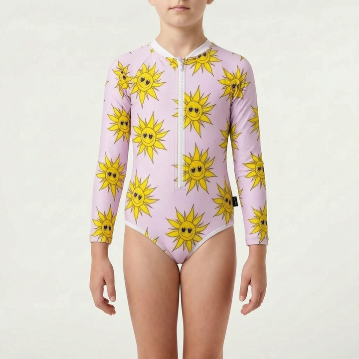 Sun protective kids' long-sleeve swimsuit. UPF 50+ one-piece swimwear for active toddlers.