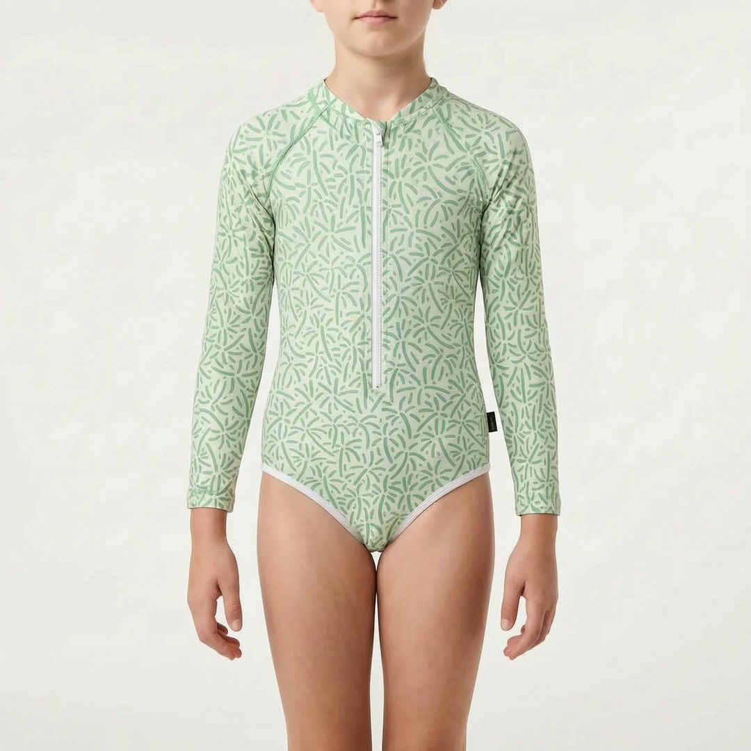 Long-sleeve children's swimsuit, high neck for full coverage. Perfect for summer beach and pool days.